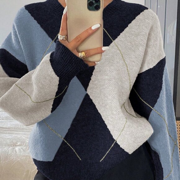 Navy Blue Casual Women's Plaid Loose Fit Long Sleeve Crew Neck Sweater - Picture 3 of 6